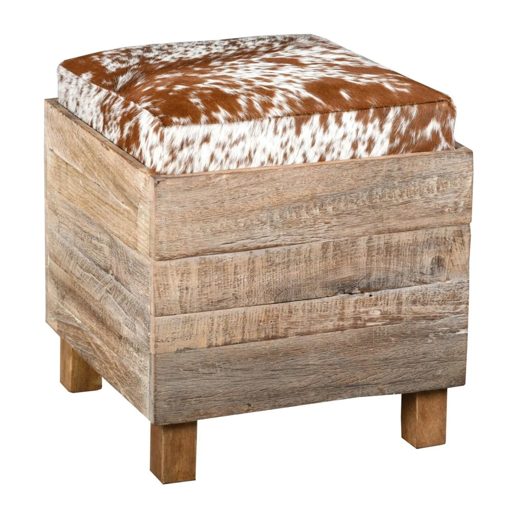 Aubry Gaspard Coffre Pouf Carré En Bois Recyclé Et Peau De Vache. 3 Aubry Gaspard Coffre Pouf Carré En Bois Recyclé Et Peau De Vache.