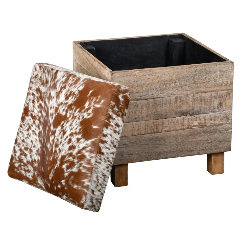 Aubry Gaspard Coffre Pouf Carré En Bois Recyclé Et Peau De Vache. 4 Aubry Gaspard Coffre Pouf Carré En Bois Recyclé Et Peau De Vache. – Image 2
