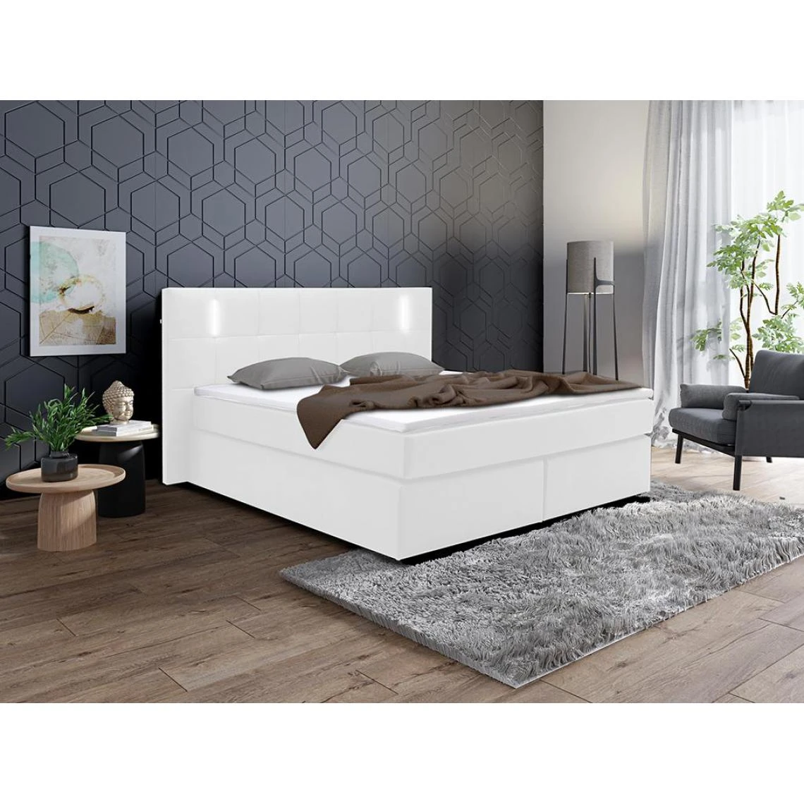 Vente-unique Ensemble Boxspring Complet Tête De Lit Avec Leds + Sommiers + Matelas... 3 Vente-unique Ensemble Boxspring Complet Tête De Lit Avec Leds + Sommiers + Matelas...
