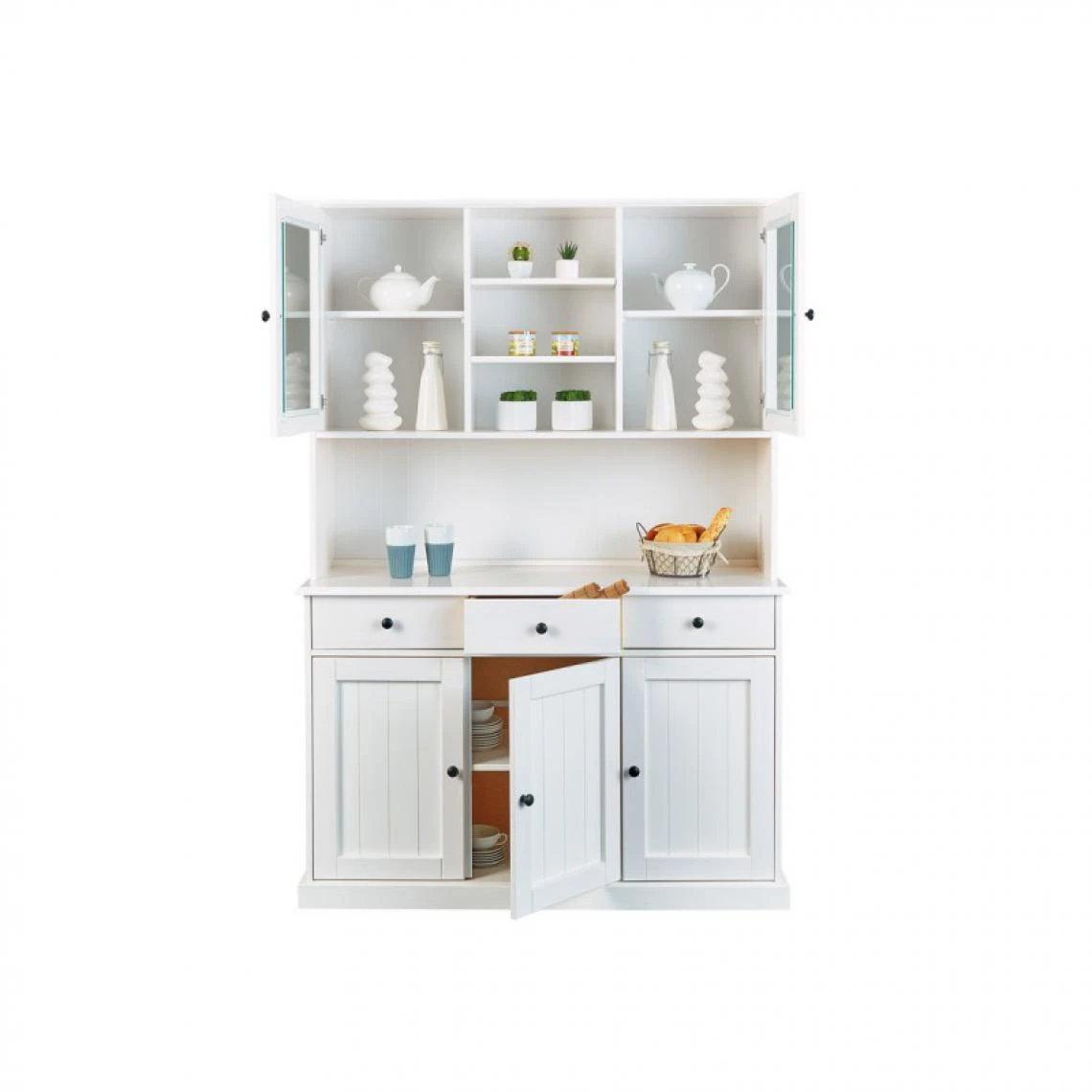 Ac-Deco Buffet Vaisselier 5 Portes, 3 Tiroirs En Pin Blanc - MAINE 4 Ac-Deco Buffet Vaisselier 5 Portes, 3 Tiroirs En Pin Blanc - MAINE – Image 2