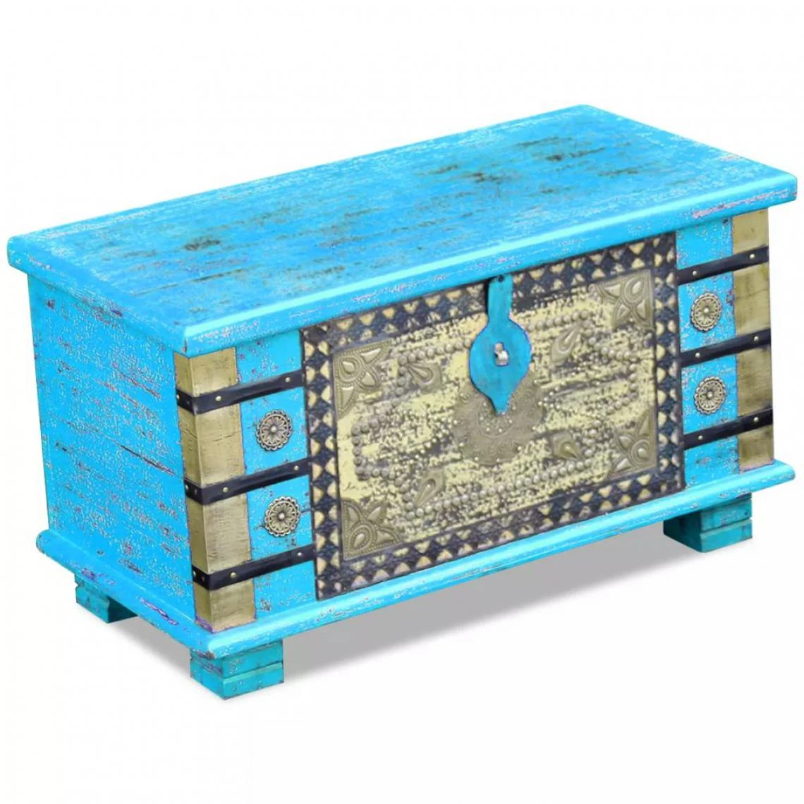 Chunhelife Coffre De Rangement Bois De Manguier Bleu 80 X 40 X 45 Cm 5 Chunhelife Coffre De Rangement Bois De Manguier Bleu 80 X 40 X 45 Cm – Image 3