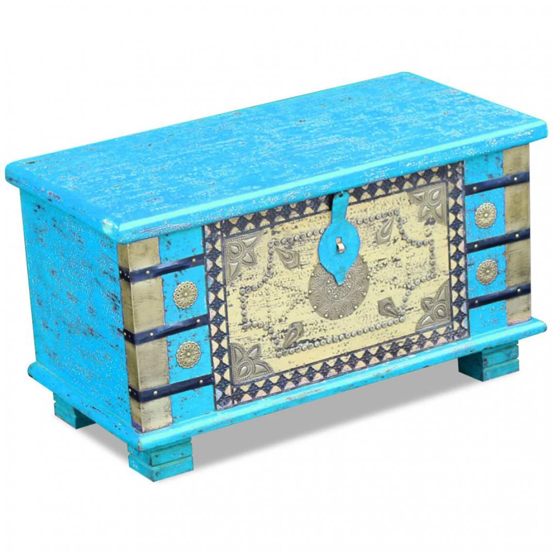 Chunhelife Coffre De Rangement Bois De Manguier Bleu 80 X 40 X 45 Cm 6 Chunhelife Coffre De Rangement Bois De Manguier Bleu 80 X 40 X 45 Cm – Image 4