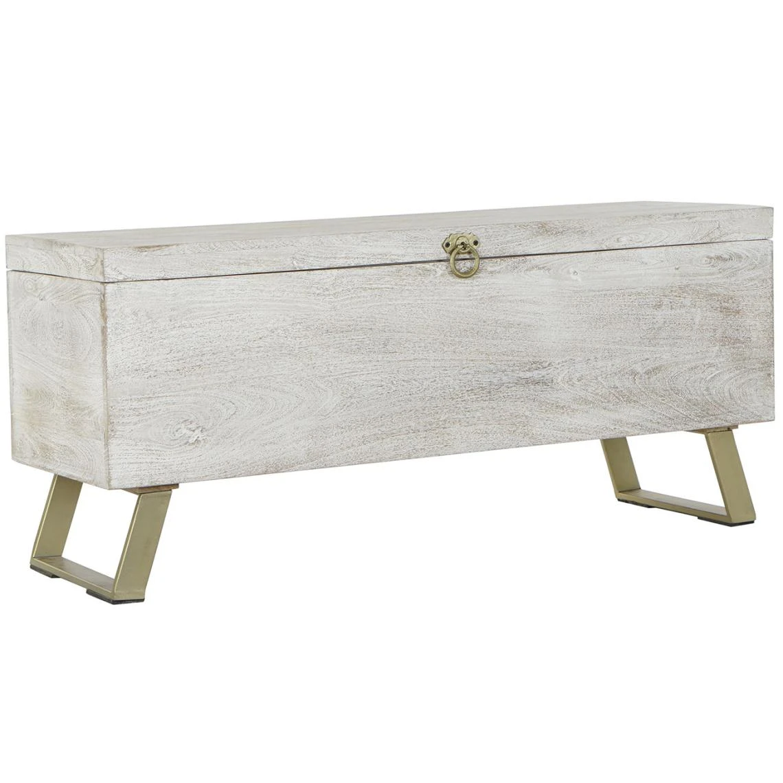 Pegane Coffre De Rangement En Bois Blanc Et Métal Coloris Doré - Longueur 1... 3 Pegane Coffre De Rangement En Bois Blanc Et Métal Coloris Doré - Longueur 1...