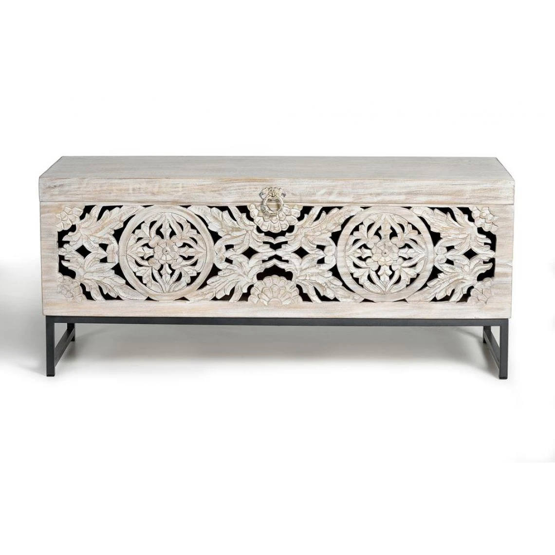 Pegane Coffre De Rangement En Bois De Manguier / Fer Coloris Gris Vieilli - L... 3 Pegane Coffre De Rangement En Bois De Manguier / Fer Coloris Gris Vieilli - L...