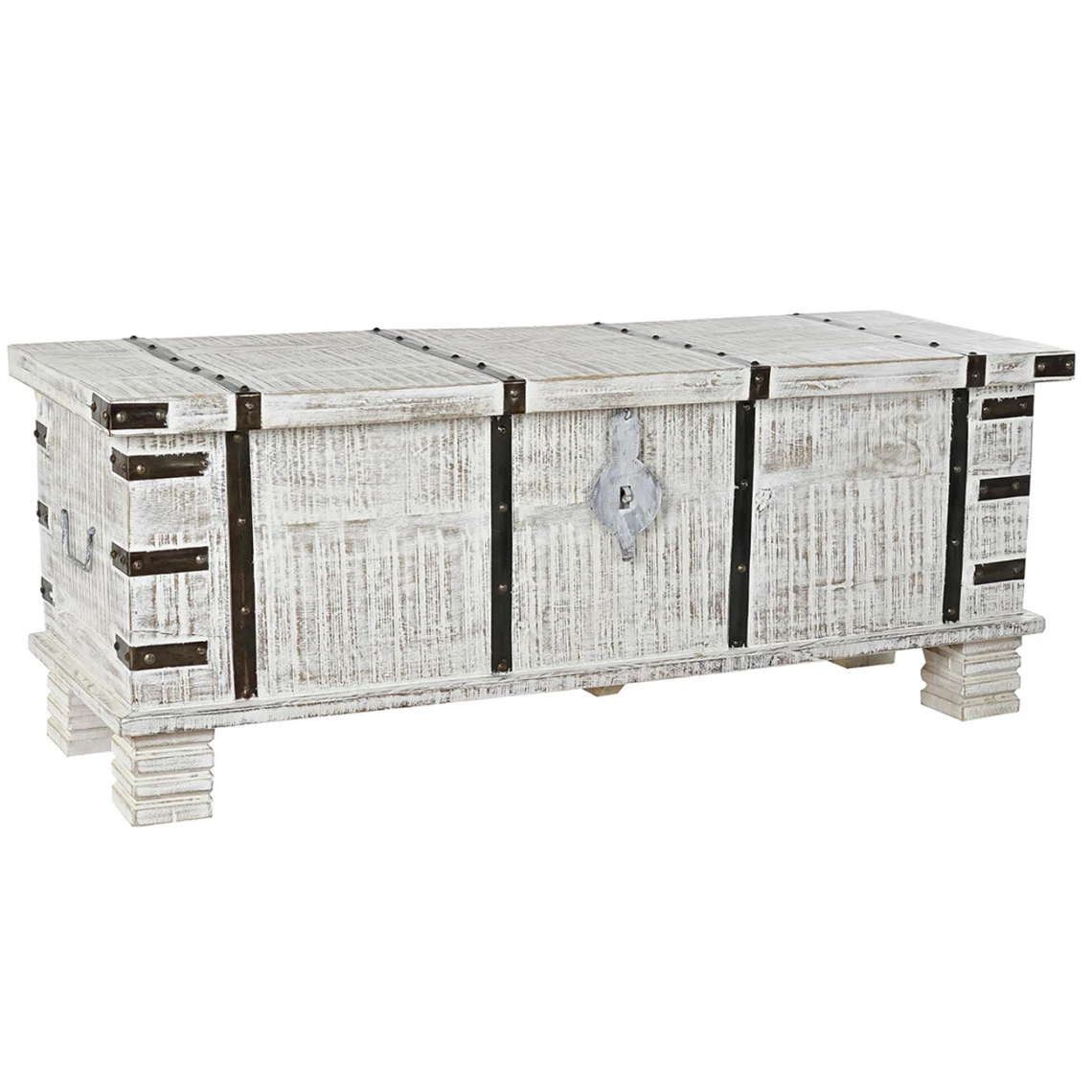 Pegane Coffre En Bois De Manguier Coloris Blanc Et Métal Noir - Longueur 116... 3 Pegane Coffre En Bois De Manguier Coloris Blanc Et Métal Noir - Longueur 116...