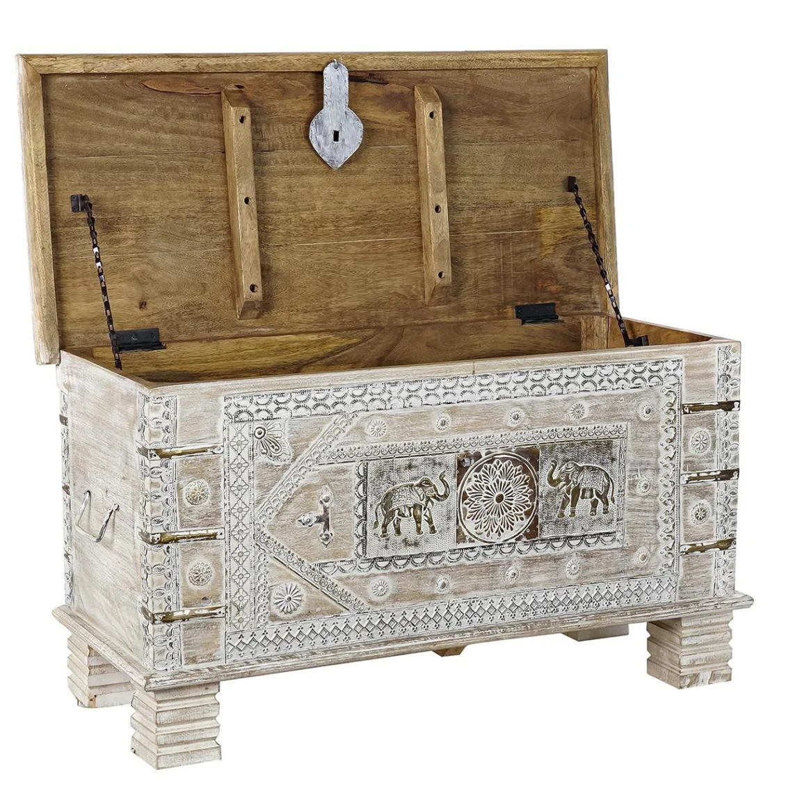 Pegane Coffre En Bois De Manguier Coloris Blanc Vieilli Et Laiton - Longueur ... 4 Pegane Coffre En Bois De Manguier Coloris Blanc Vieilli Et Laiton - Longueur ... – Image 2