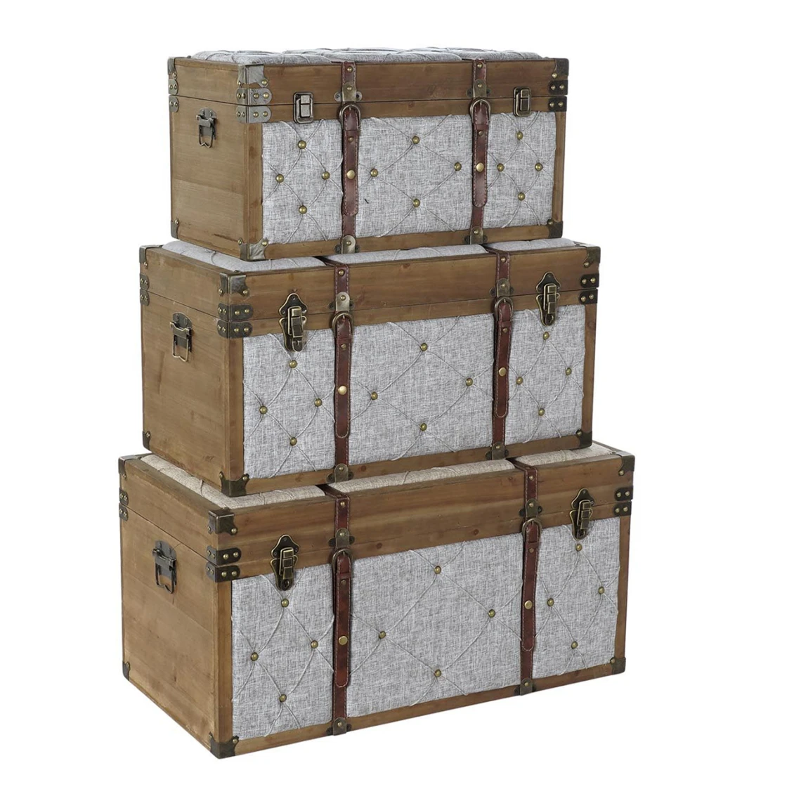 Pegane Ensemble De 3 Coffres / Bancs En Bois Et Polyester, Coloris Gris 3 Pegane Ensemble De 3 Coffres / Bancs En Bois Et Polyester, Coloris Gris