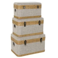 Pegane Ensemble De 3 Coffres / Bancs En Bois Et Polyester Coloris Beige.