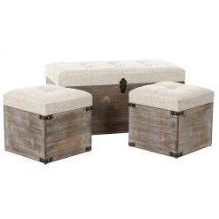Pegane Ensemble De 3 Coffres / Bancs En Bois Et Polyester Coloris Crème