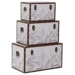 Pegane Ensemble De 3 Coffres En MDF Et Toile Coloris Gris Motif Tropical