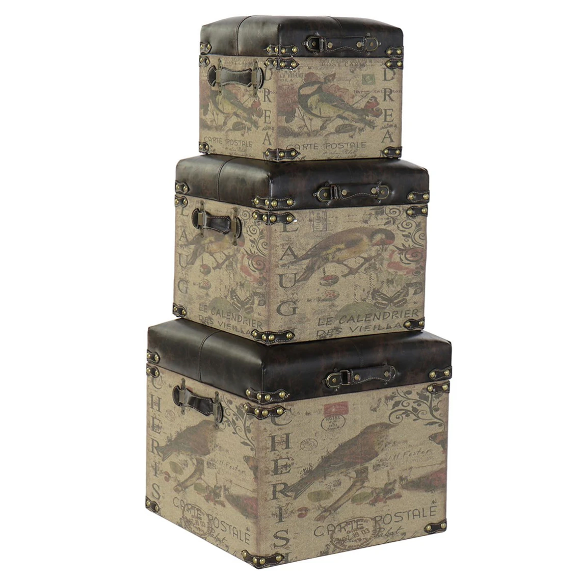 Pegane Ensemble De 3 Coffres / Poufs En Bois Et Lin Coloris Marron Motif Oise... 3 Pegane Ensemble De 3 Coffres / Poufs En Bois Et Lin Coloris Marron Motif Oise...