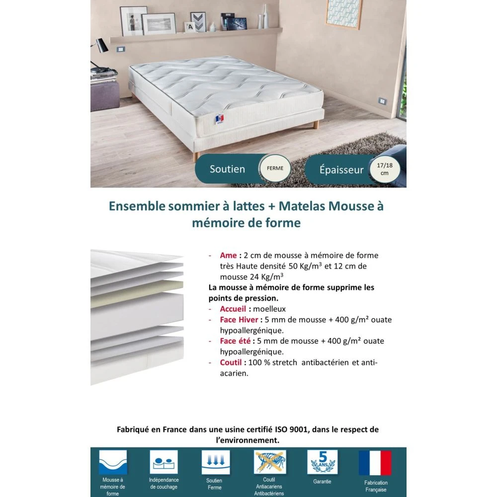 Lovea Ensemble Matelas Mousse Mémoire De Forme HD + Sommier Bois Massif 140... 7 Lovea Ensemble Matelas Mousse Mémoire De Forme HD + Sommier Bois Massif 140... – Image 5