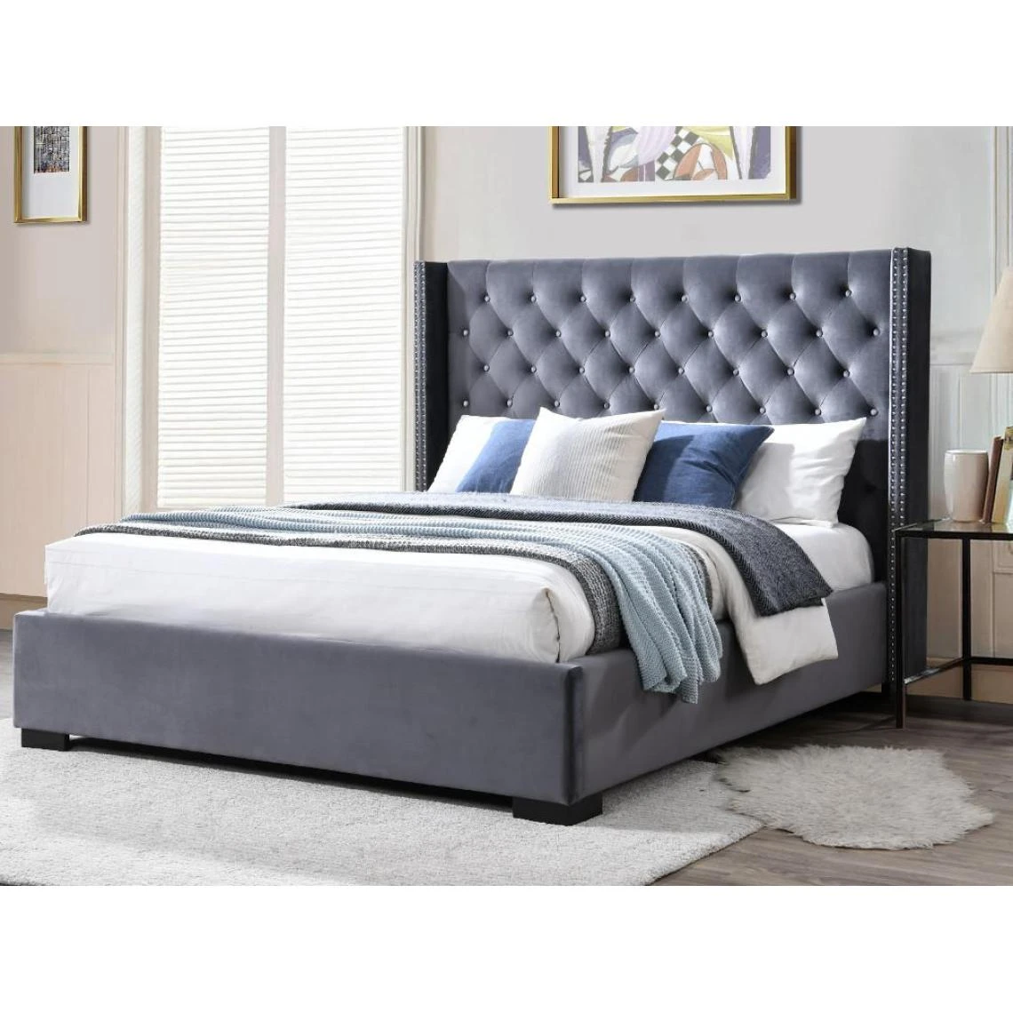 Vente-unique Lit Avec Tête De Lit Capitonnée - 160 X 200 Cm - Velours - Gris - MA... 4 Vente-unique Lit Avec Tête De Lit Capitonnée - 160 X 200 Cm - Velours - Gris - MA... – Image 2