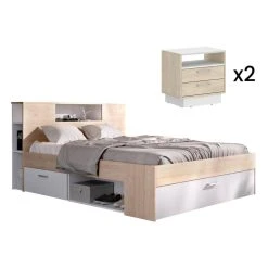 Vente-unique Lit Avec Tête De Lit Rangements Et Tiroirs - 160 X 200 Cm - Coloris :...