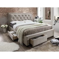 Vente-unique Lit Avec Tiroirs 160 X 200 Cm - Tissu Velours Champagne - LEOPOLD