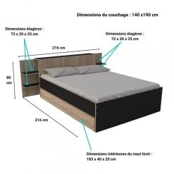 Le Quai Des Affaires Lit CITY 140x190 + Tête De Lit Chevet+ 1 Maxi Tiroir / Noir & Chêne ... -magasin Vente-unique lit city 140x190 tete de lit chevet 1 maxi tiroir noir et chene blanchi 10962260 28633168 1140x1140