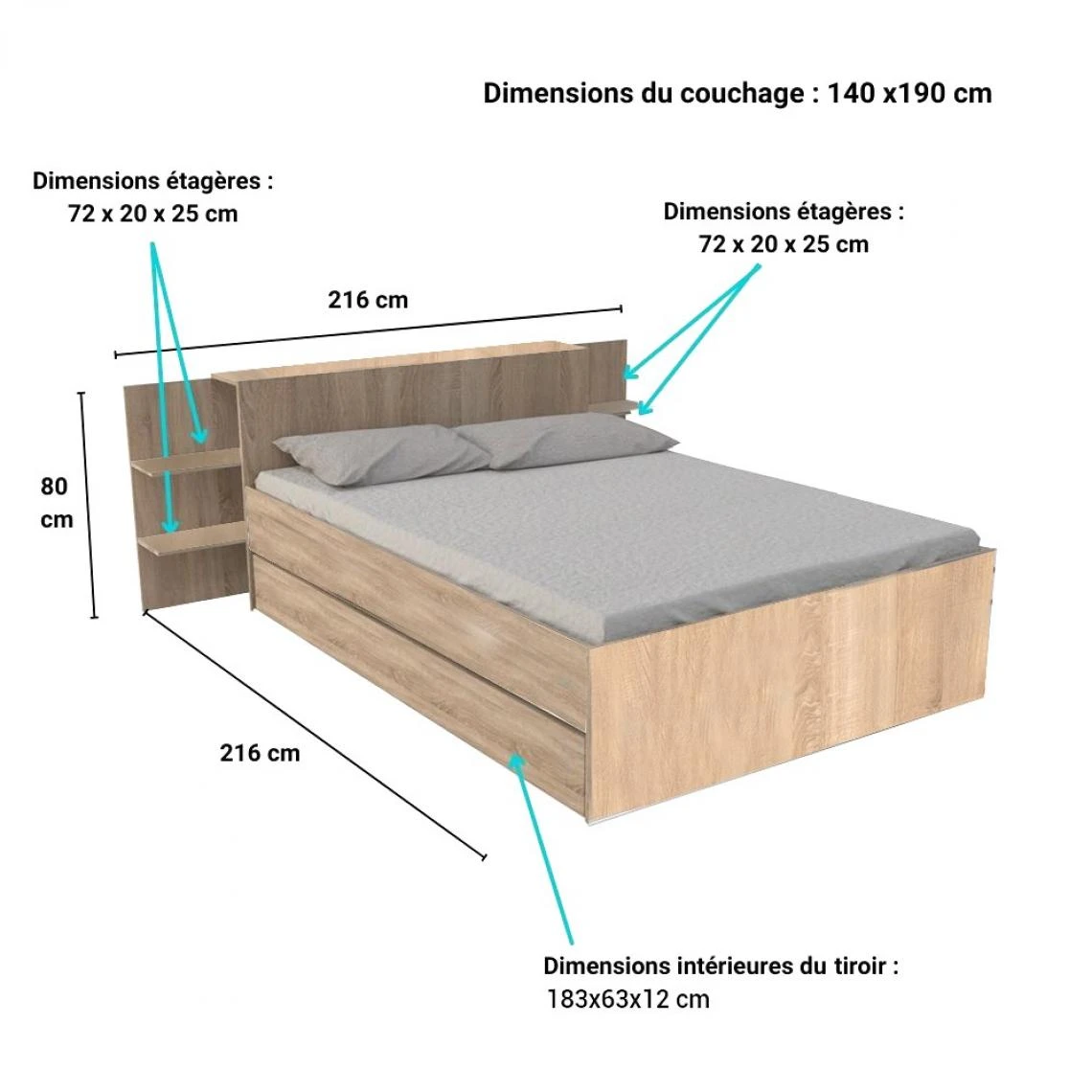 Le Quai Des Affaires Lit CITY 140x190 + Tête De Lit Chevet + 1 Tiroir / Chêne Blanchi 6 Le Quai Des Affaires Lit CITY 140x190 + Tête De Lit Chevet + 1 Tiroir / Chêne Blanchi – Image 4