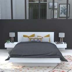 Le Quai Des Affaires Lit COOL 140x190 Cm + 2 Chevets + Sommier / Blanc -magasin Vente-unique lit cool 140x190 cm 2 chevets sommier blanc 10453012 27058190 1140x1140