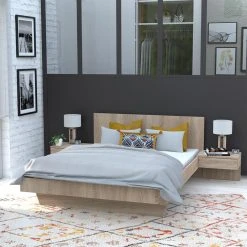 Le Quai Des Affaires Lit COOL 140x190 Cm + 2 Chevets + Sommier / Chêne Blanchi