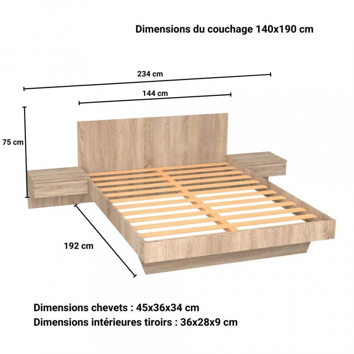 Le Quai Des Affaires Lit COOL 140x190 Cm + 2 Chevets + Sommier / Chêne Blanchi 6 Le Quai Des Affaires Lit COOL 140x190 Cm + 2 Chevets + Sommier / Chêne Blanchi – Image 4