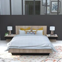 Le Quai Des Affaires Lit COOL 140x190 Cm + 2 Chevets + Sommier / Noir & Chêne Blanchi -magasin Vente-unique lit cool 140x190 cm 2 chevets sommier noir et chene blanchi 10453010 27058176 1140x1140