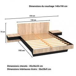 Le Quai Des Affaires Lit COOL 140x190 Cm + 2 Chevets + Sommier / Noir & Chêne Blanchi -magasin Vente-unique lit cool 140x190 cm 2 chevets sommier noir et chene blanchi 10453010 27058178 1140x1140