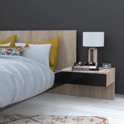 Le Quai Des Affaires Lit COOL 140x190 Cm + 2 Chevets + Sommier / Noir & Chêne Blanchi -magasin Vente-unique lit cool 140x190 cm 2 chevets sommier noir et chene blanchi 10453010 27058180 1140x1140