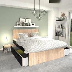 Le Quai Des Affaires Lit Double ZENIA 140x190 + 2 Chevets + 2 Tiroirs / Chêne Blanchi & No...