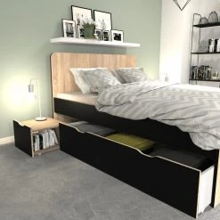 Le Quai Des Affaires Lit Double ZENIA 140x190 + 2 Chevets + 2 Tiroirs / Chêne Blanchi & No... -magasin Vente-unique lit double zenia 140x190 2 chevets 2 tiroirs chene blanchi et noir 12039854 31909574 1140x1140