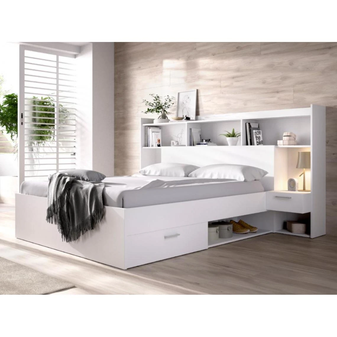 Vente-unique Lit Avec Rangements Et Chevets Intégrés 140 X 190 Cm - Blanc - KEVIN 4 Vente-unique Lit Avec Rangements Et Chevets Intégrés 140 X 190 Cm - Blanc - KEVIN – Image 2