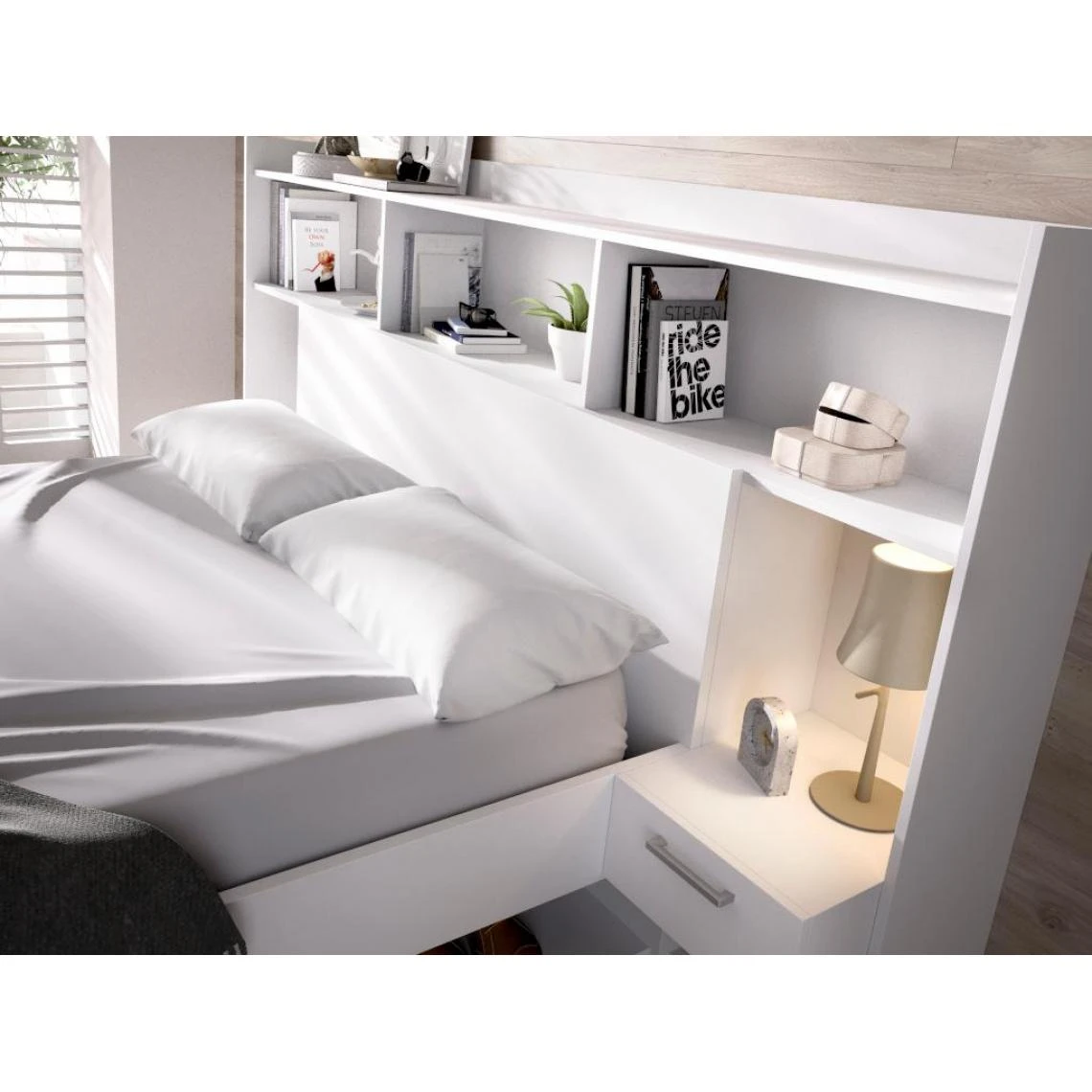 Vente-unique Lit Avec Rangements Et Chevets Intégrés 140 X 190 Cm - Blanc - KEVIN 7 Vente-unique Lit Avec Rangements Et Chevets Intégrés 140 X 190 Cm - Blanc - KEVIN – Image 5