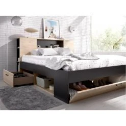 Vente-unique Lit Avec Tête De Lit Rangements Et Tiroirs - 160 X 200cm - Coloris : ... -magasin Vente-unique lit leandre avec tete de lit rangements et tiroirs 160x200cm coloris chene et anthracite 7526042 18955048 1200x1200
