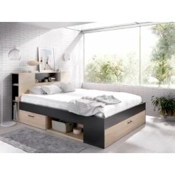 Vente-unique Lit Avec Tête De Lit Rangements Et Tiroirs - 160 X 200cm - Coloris : ... -magasin Vente-unique lit leandre avec tete de lit rangements et tiroirs 160x200cm coloris chene et anthracite 7526042 18955052 1200x1200