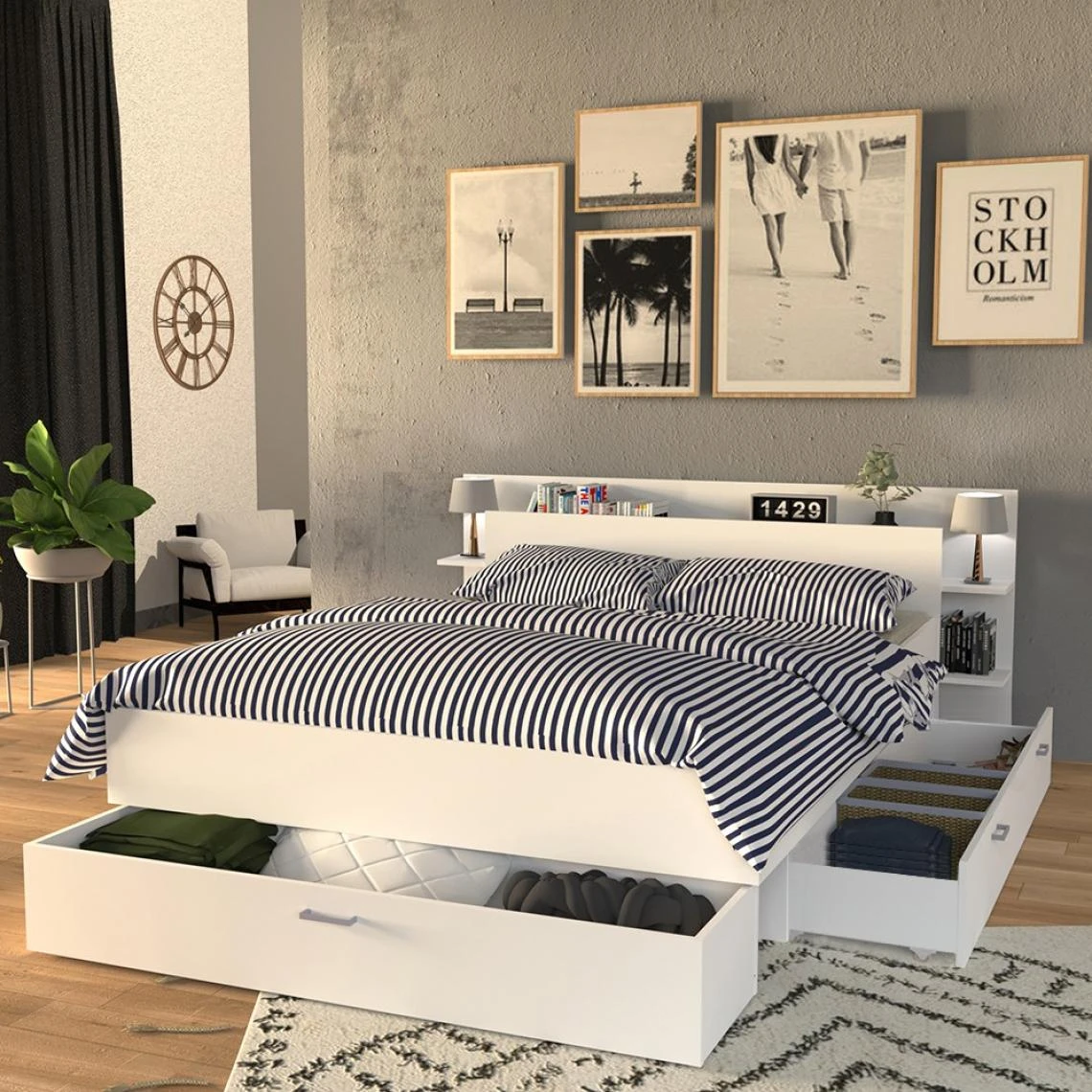 Le Quai Des Affaires Lit SAMBA 140x190cm + Tête De Lit + 2 Tiroirs / Blanc 3 Le Quai Des Affaires Lit SAMBA 140x190cm + Tête De Lit + 2 Tiroirs / Blanc