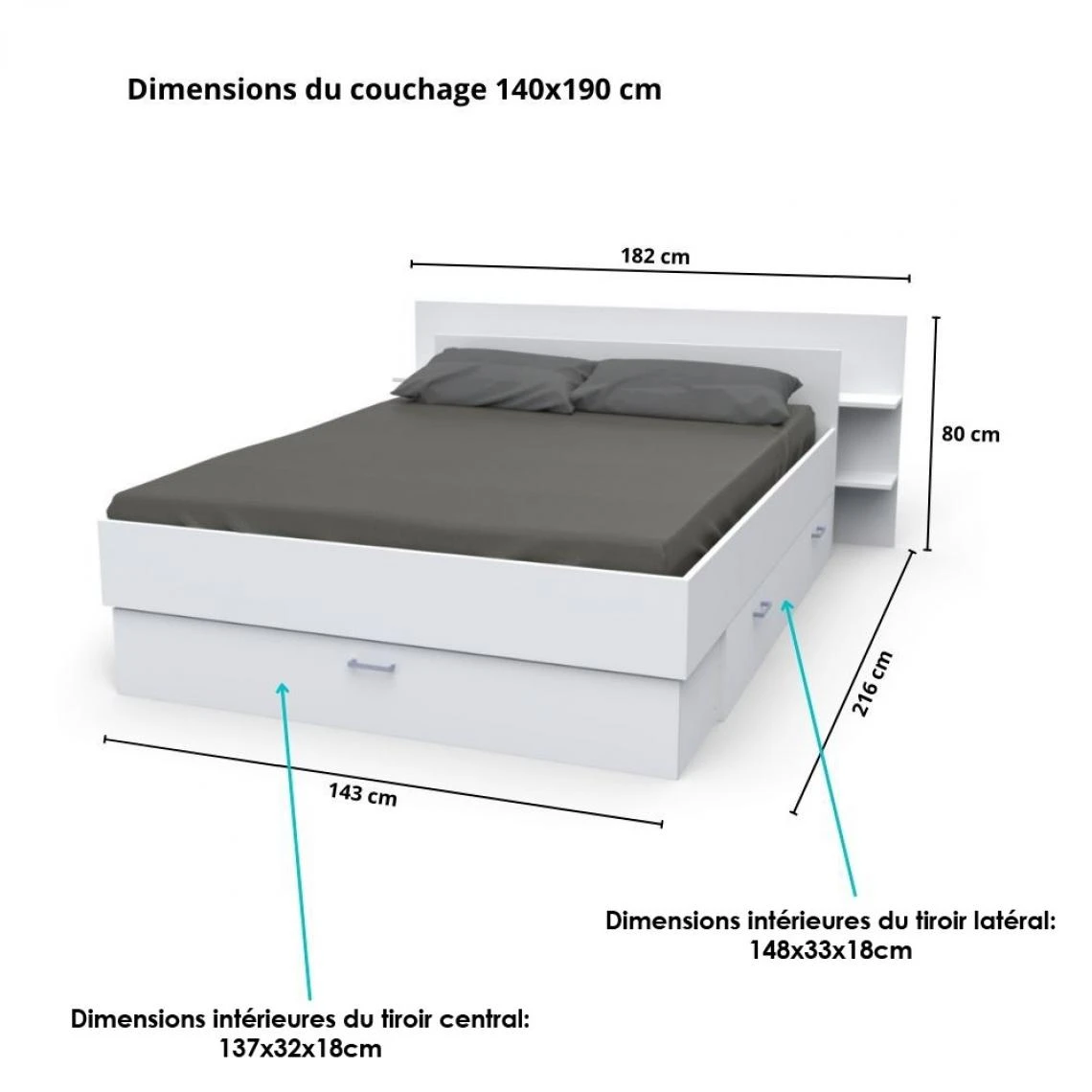Le Quai Des Affaires Lit SAMBA 140x190cm + Tête De Lit + 2 Tiroirs / Blanc 6 Le Quai Des Affaires Lit SAMBA 140x190cm + Tête De Lit + 2 Tiroirs / Blanc – Image 4