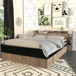 Le Quai Des Affaires Lit SAMBA 140x190cm + Tête De Lit + 2 Tiroirs / Noir & Chêne Blanchi -magasin Vente-unique lit samba 140x190cm tete de lit 2 tiroirs noir et chene blanchi 12023482 31845172 1140x1140