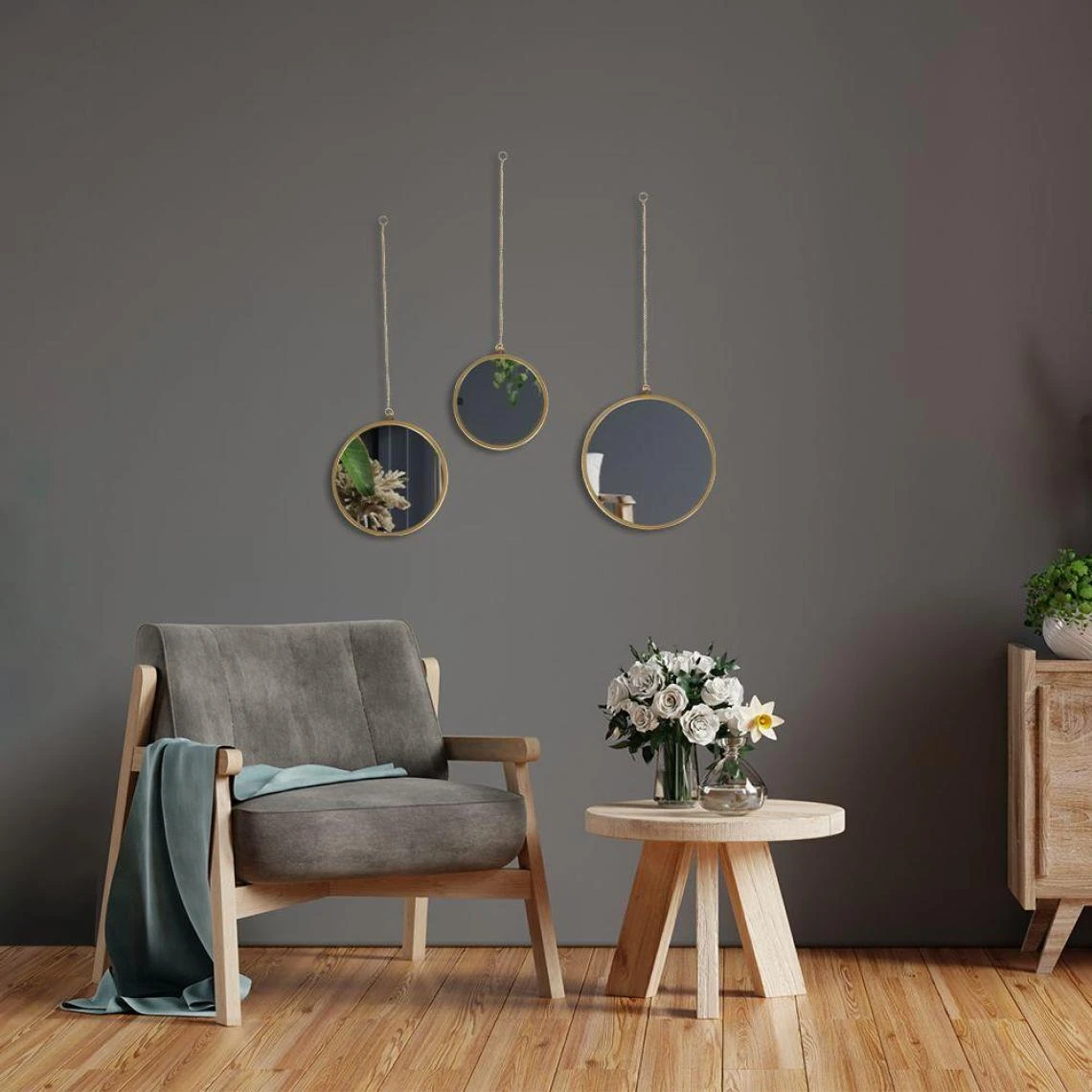 Other Miroir Sur Chaîne, Miroir Mural Rond Dans Un Cadre Doré, Lot De 3 4 Other Miroir Sur Chaîne, Miroir Mural Rond Dans Un Cadre Doré, Lot De 3 – Image 2