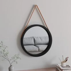 VidaXL Miroir Mural Avec Sangle Noir Ø 55 Cm